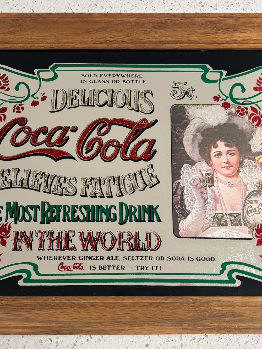 Vintage Coca Cola Framed Mirror Advertisement Sign in Red, Cream & Green